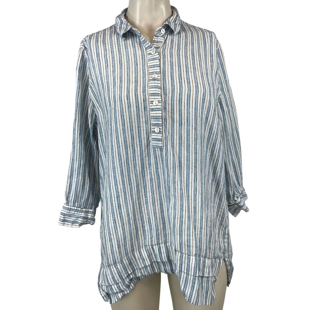 J. JILL- WOMEN'S MEDIUM - BLUE/WHITE STRIPE LINE POPOVER TOP SHIRT SLIT SIDES